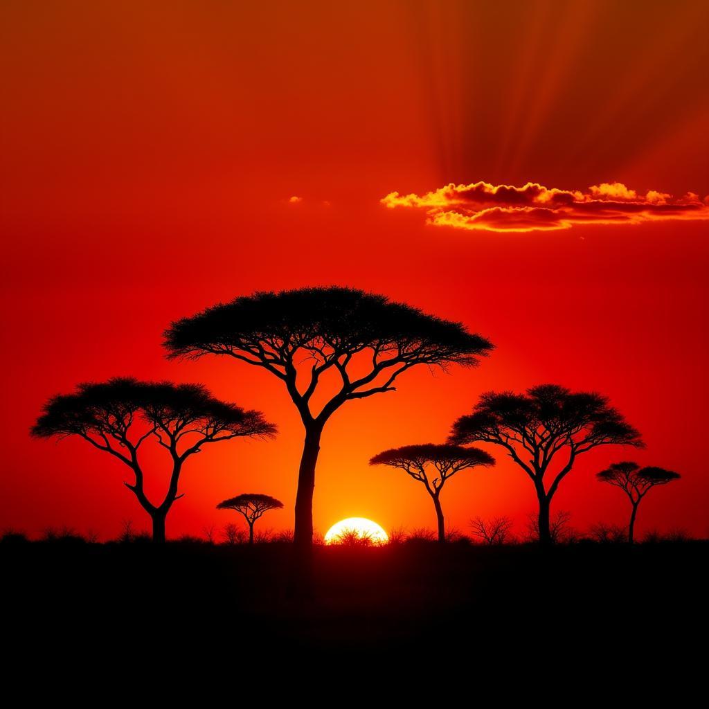 Silhouettes of Acacia Trees Against a Vibrant African Sunset