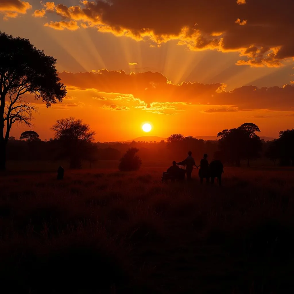 African Sunset with Jungle Silhouettes and Drum Music