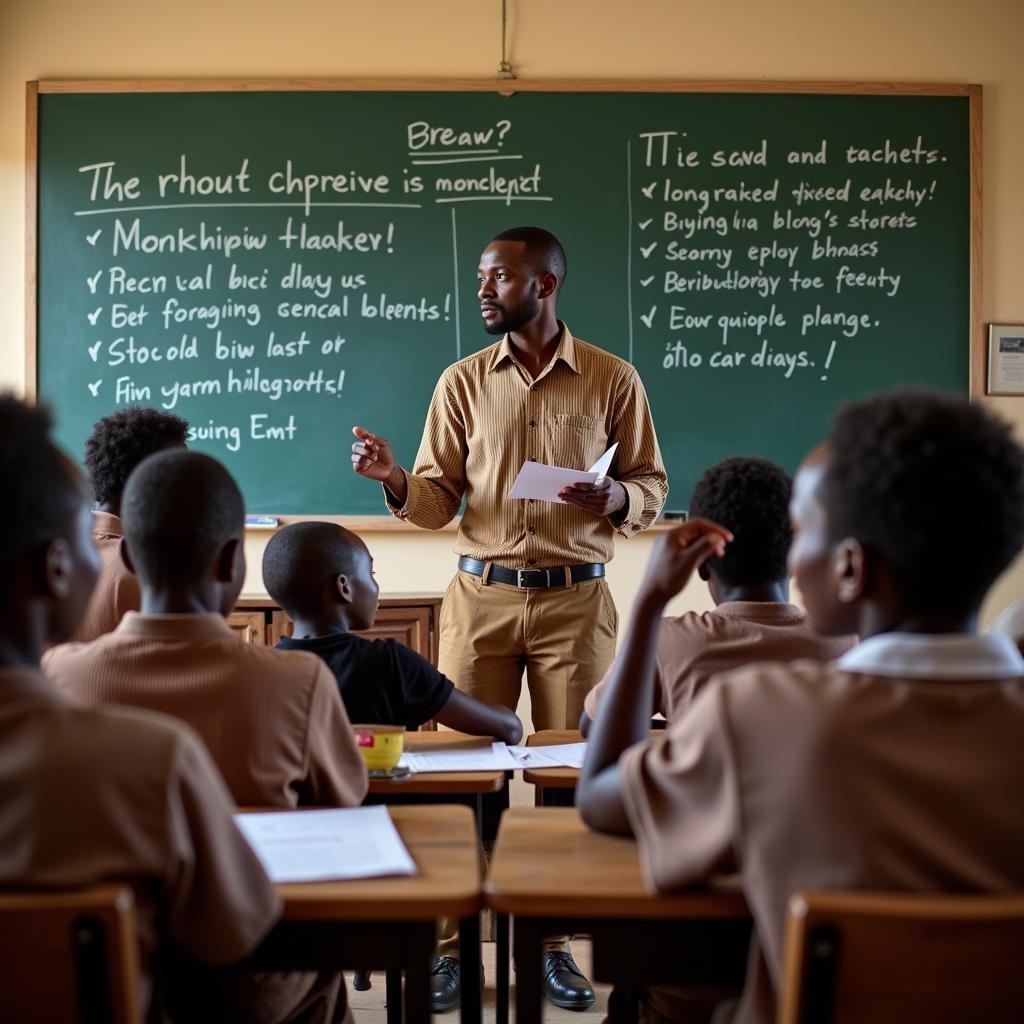 An African teacher passionately explaining a concept to engaged students.