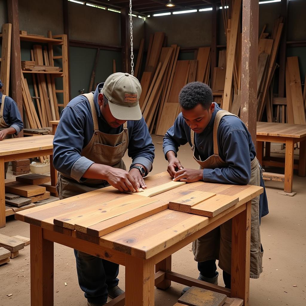 Skilled artisans crafting furniture from African teak wood