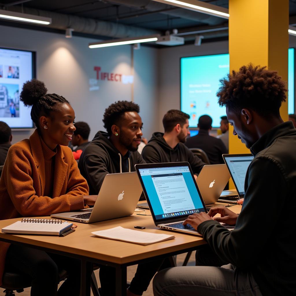 Young African entrepreneurs working on laptops in a modern office