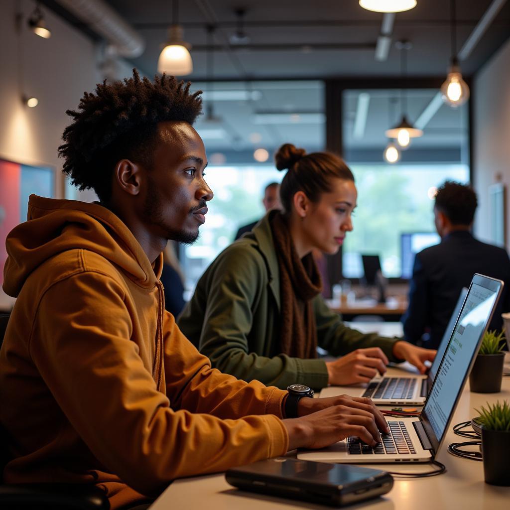 African entrepreneurs collaborating in a vibrant tech hub.