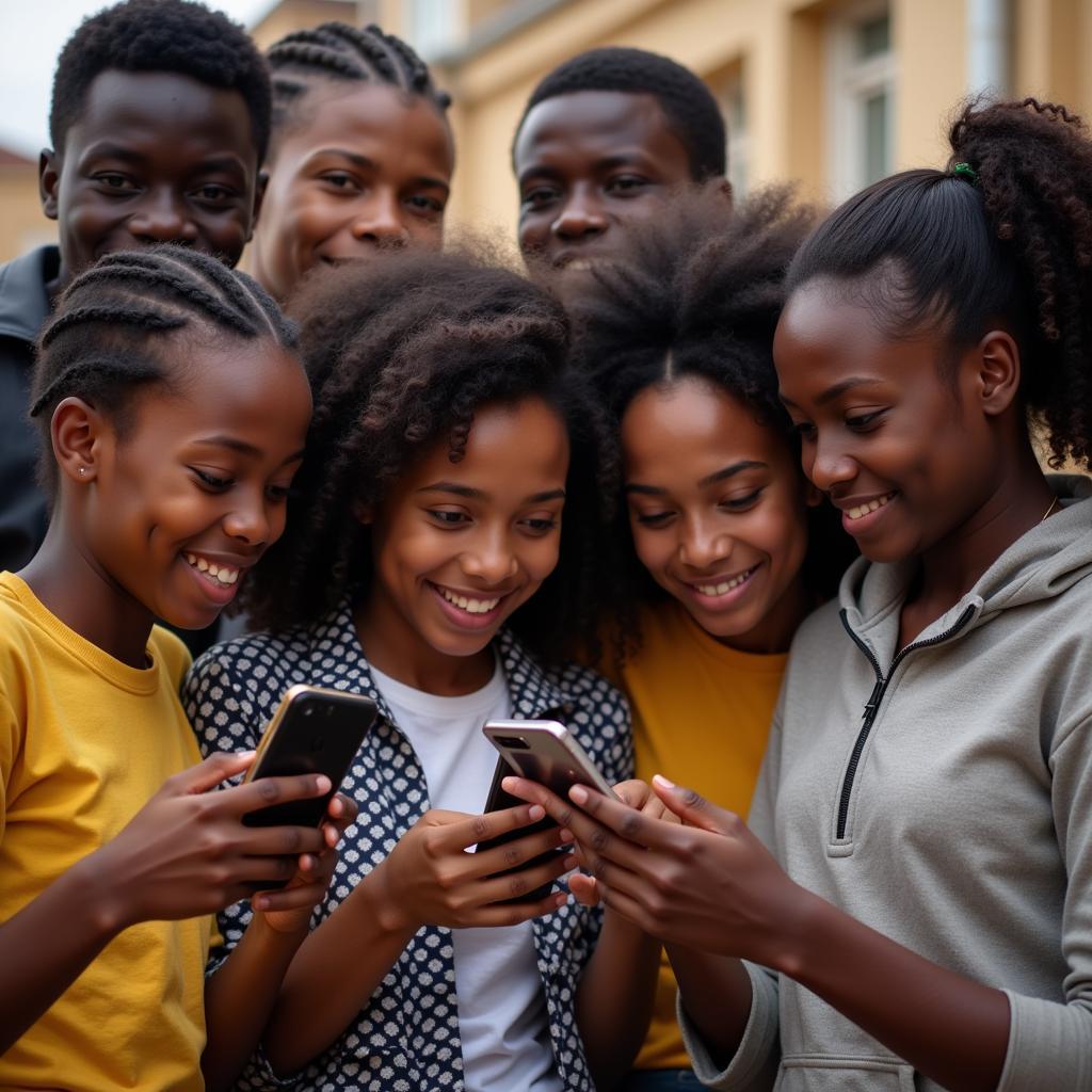 Group of African teenagers using mobile phones