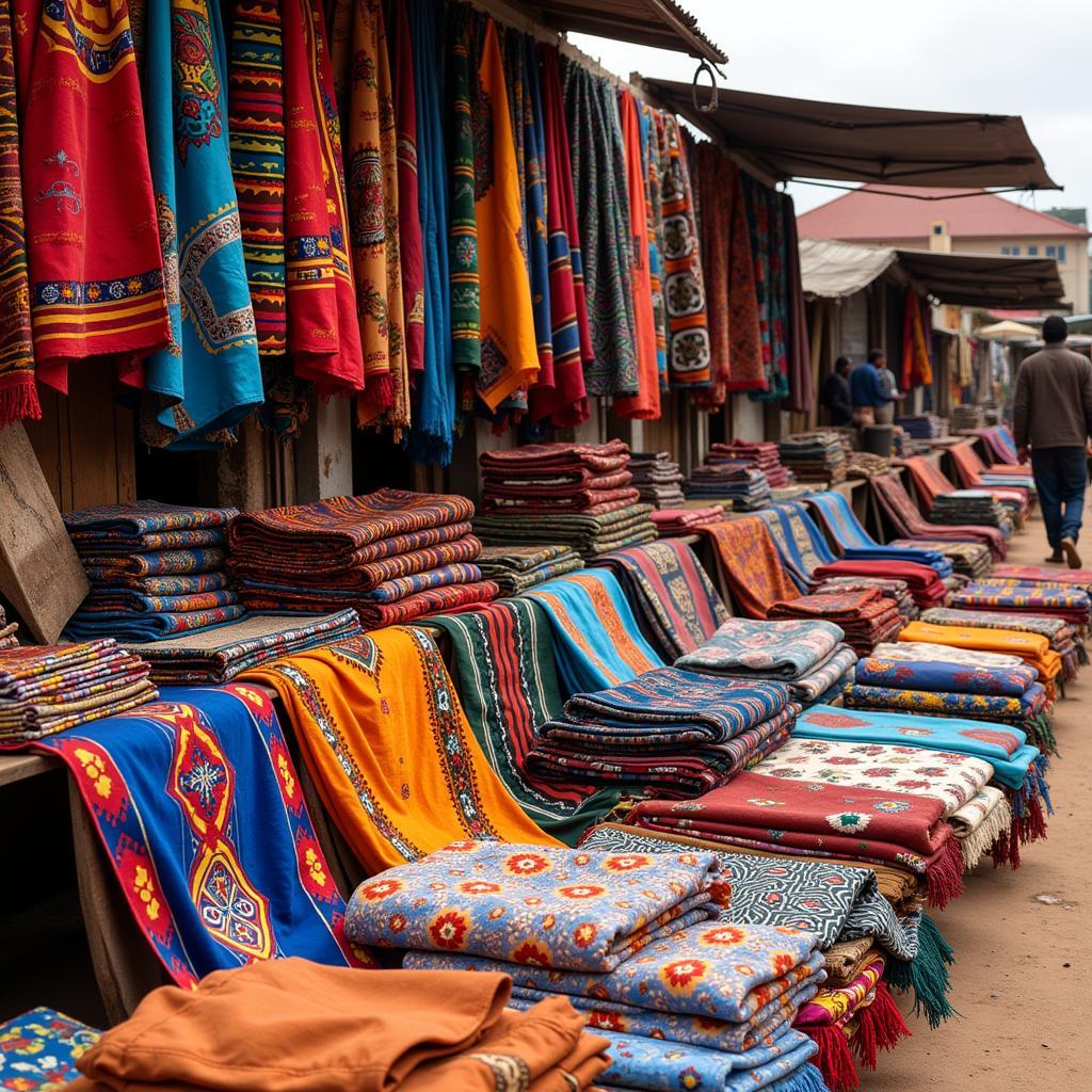 Vibrant African textiles on display in a bustling market