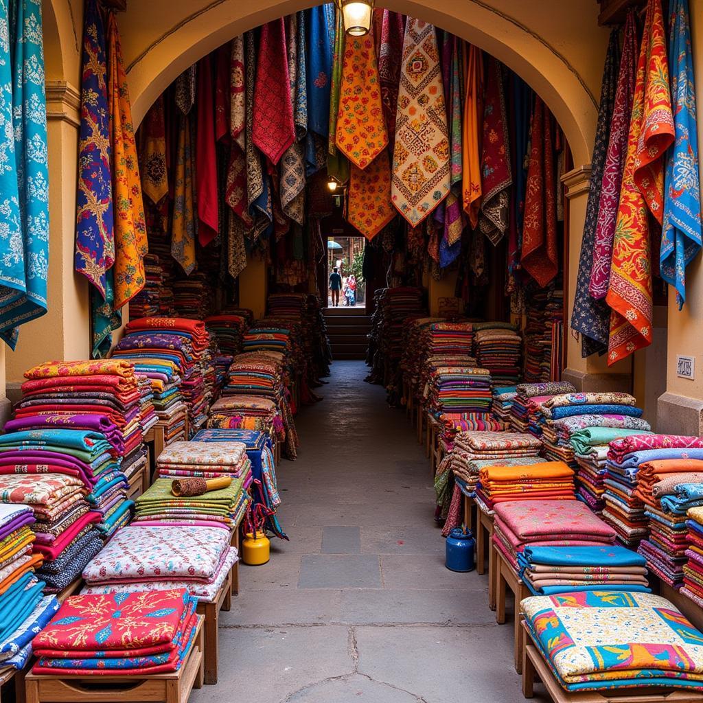 Colorful African textiles on display in a Jaipur market