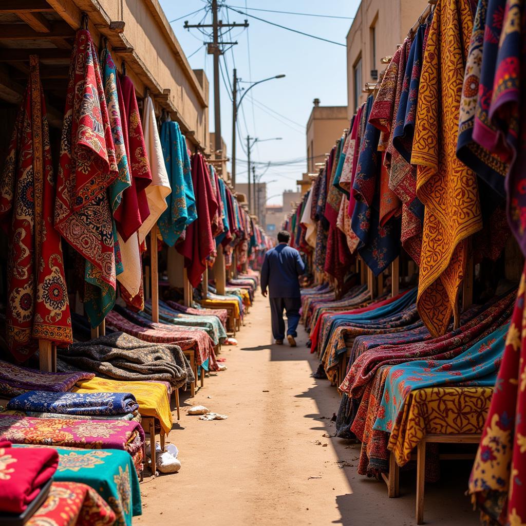 Colorful display of traditional African textiles at a local market