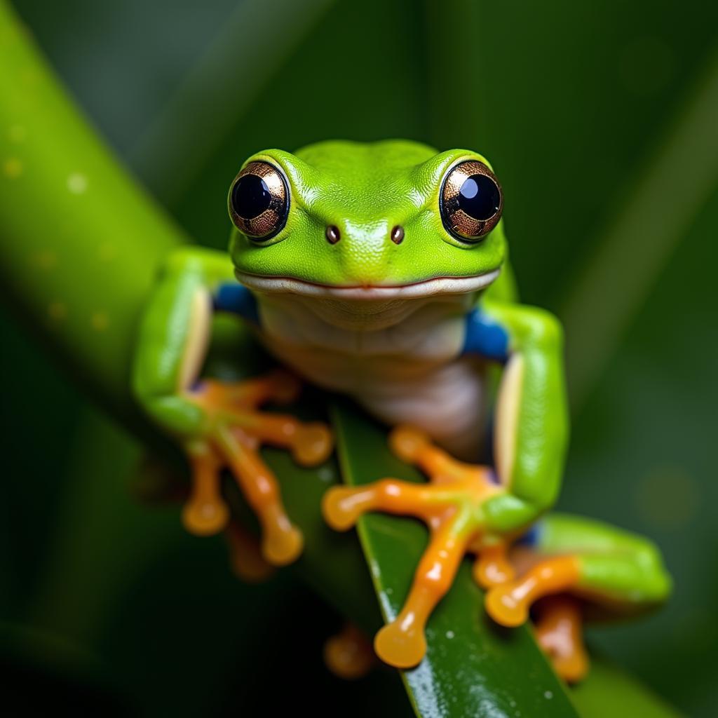 Close-up of an African tree frog expertly camouflaged against a leafy background