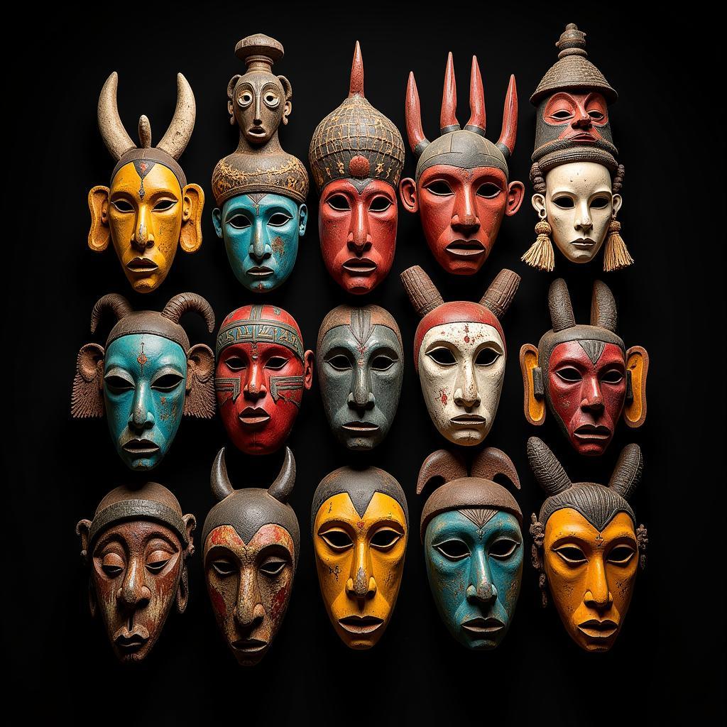 African Tribal Masks Displayed in a Row