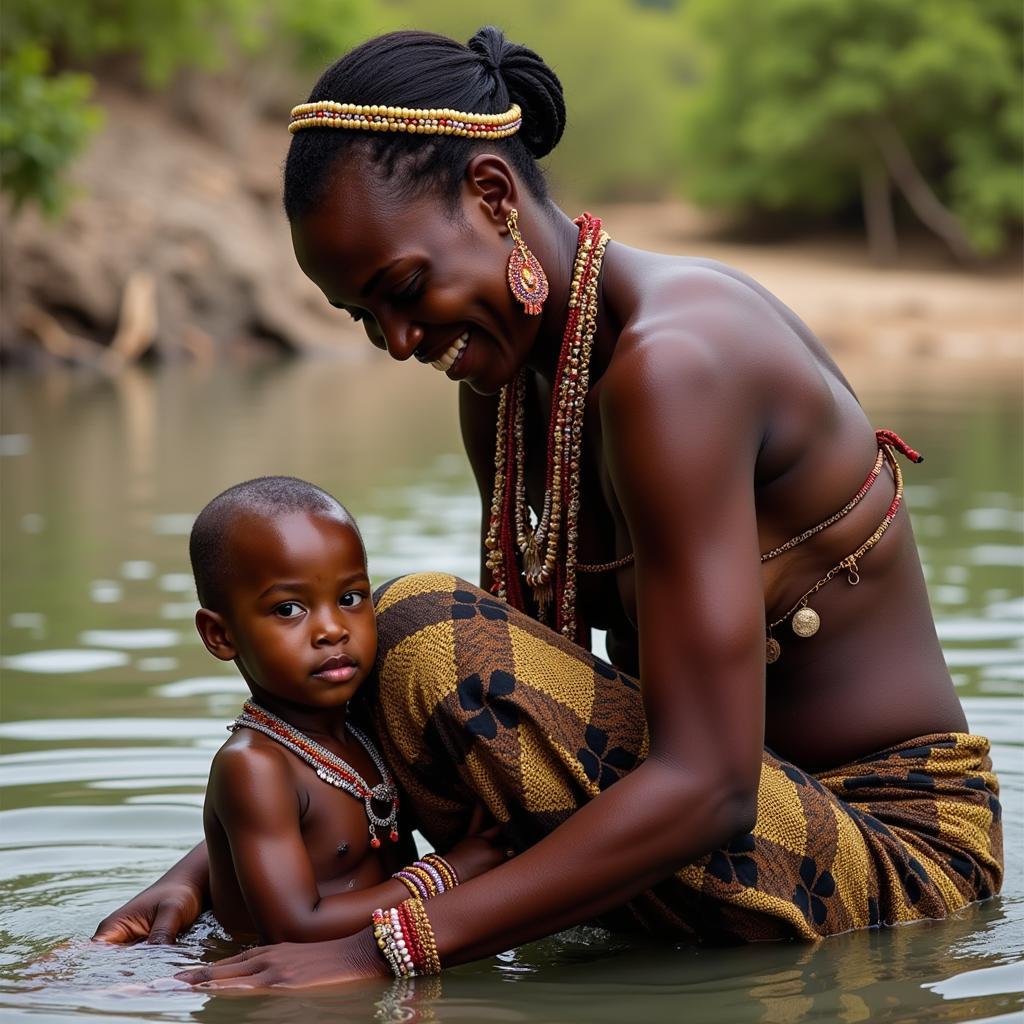 Tribal Woman Bathing Child in River