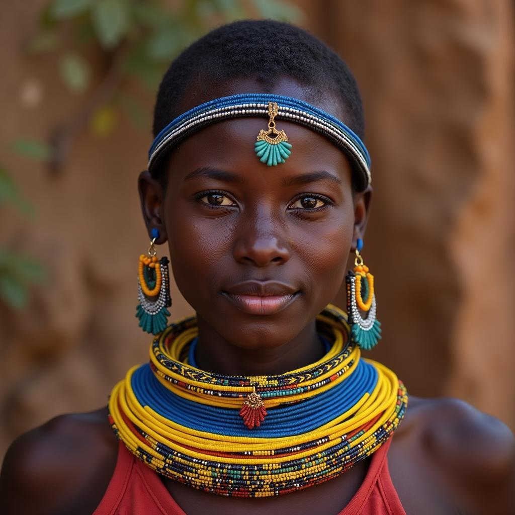 African Tribal Woman Wearing Traditional Beaded Jewelry