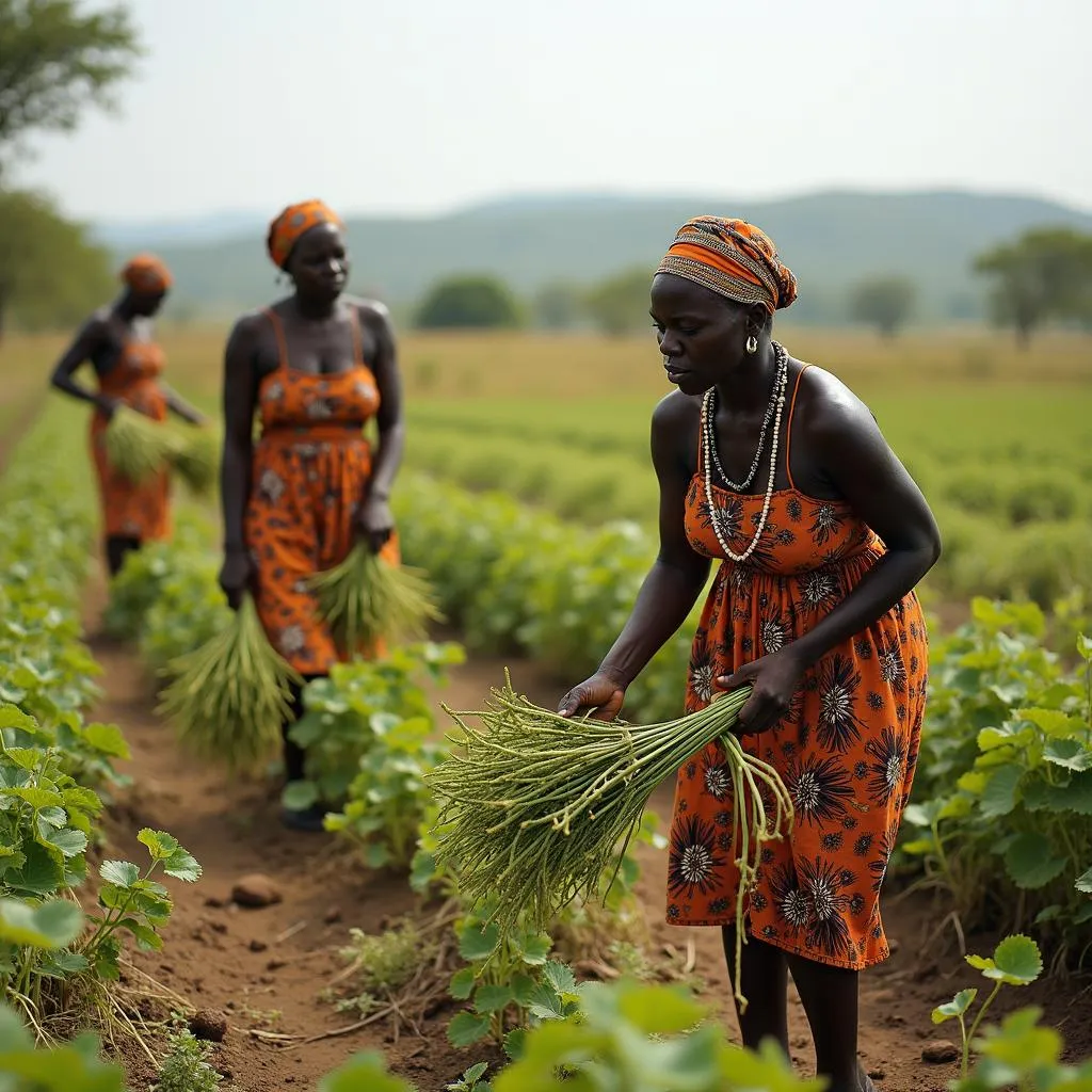 African tribal women tending to crops in a field