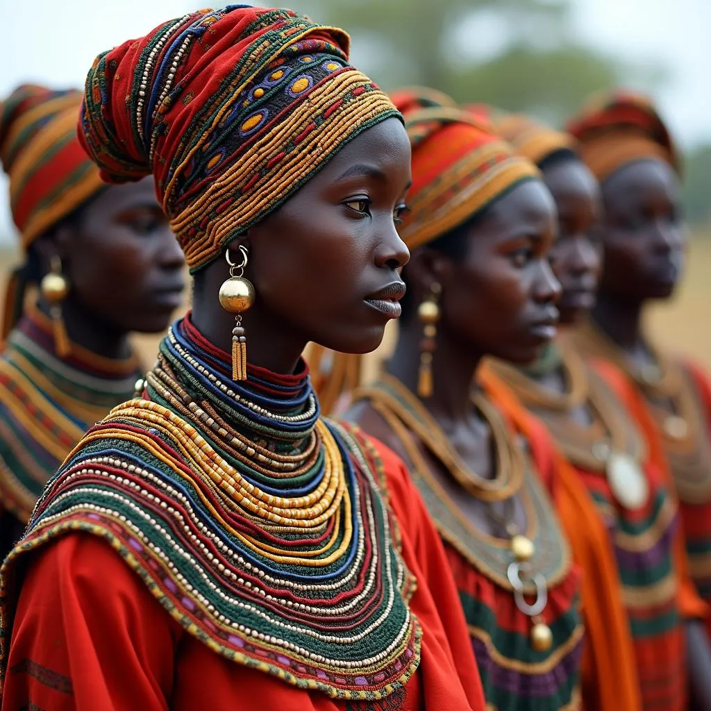 A group of African tribal women wearing vibrant traditional clothing