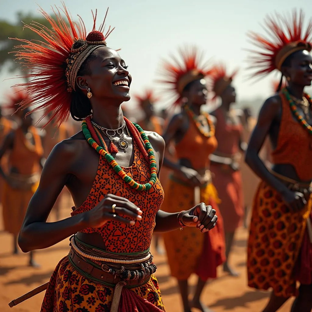 A group of African dancers in traditional attire, moving rhythmically to the beat of drums.