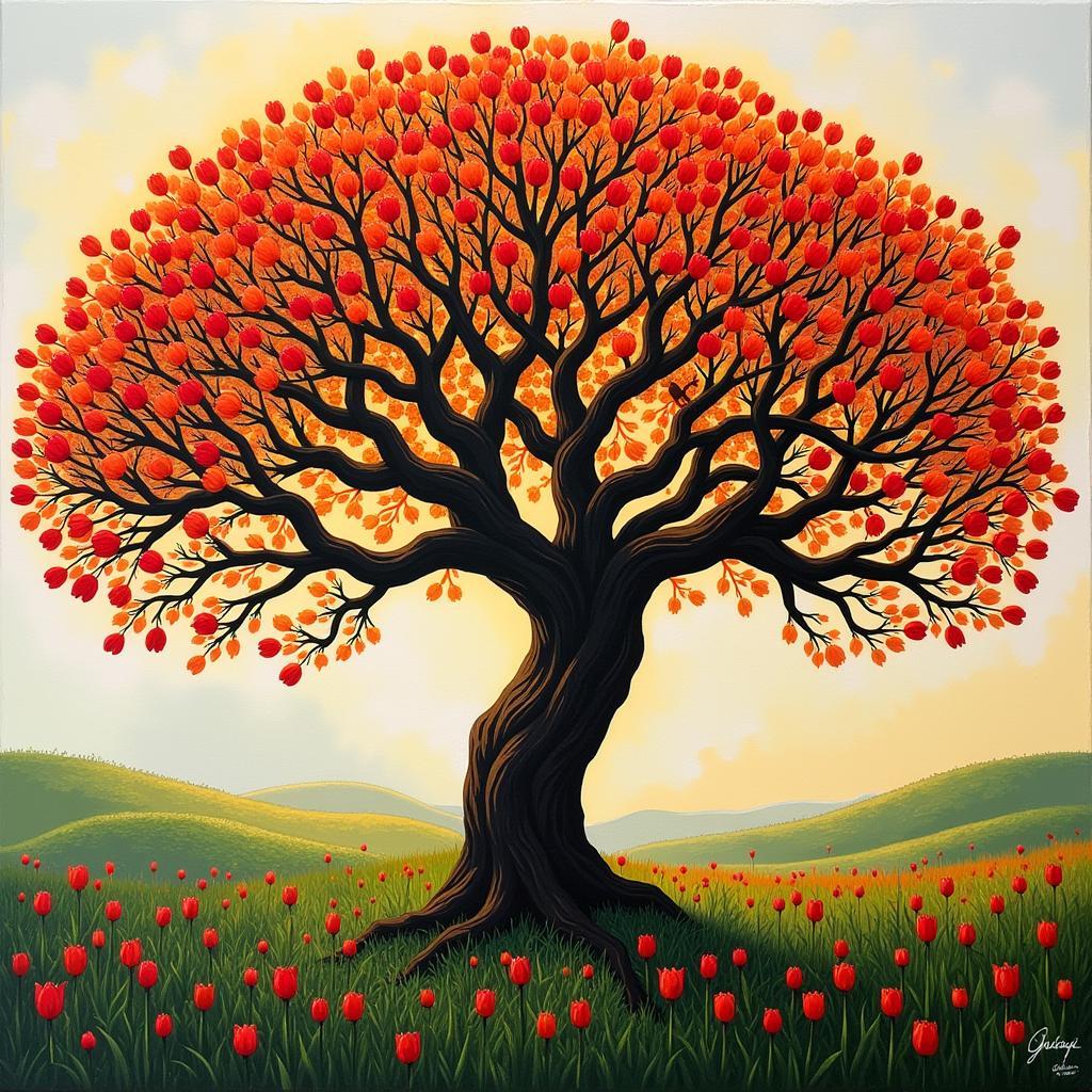 A vibrant acrylic painting of an African tulip tree on canvas