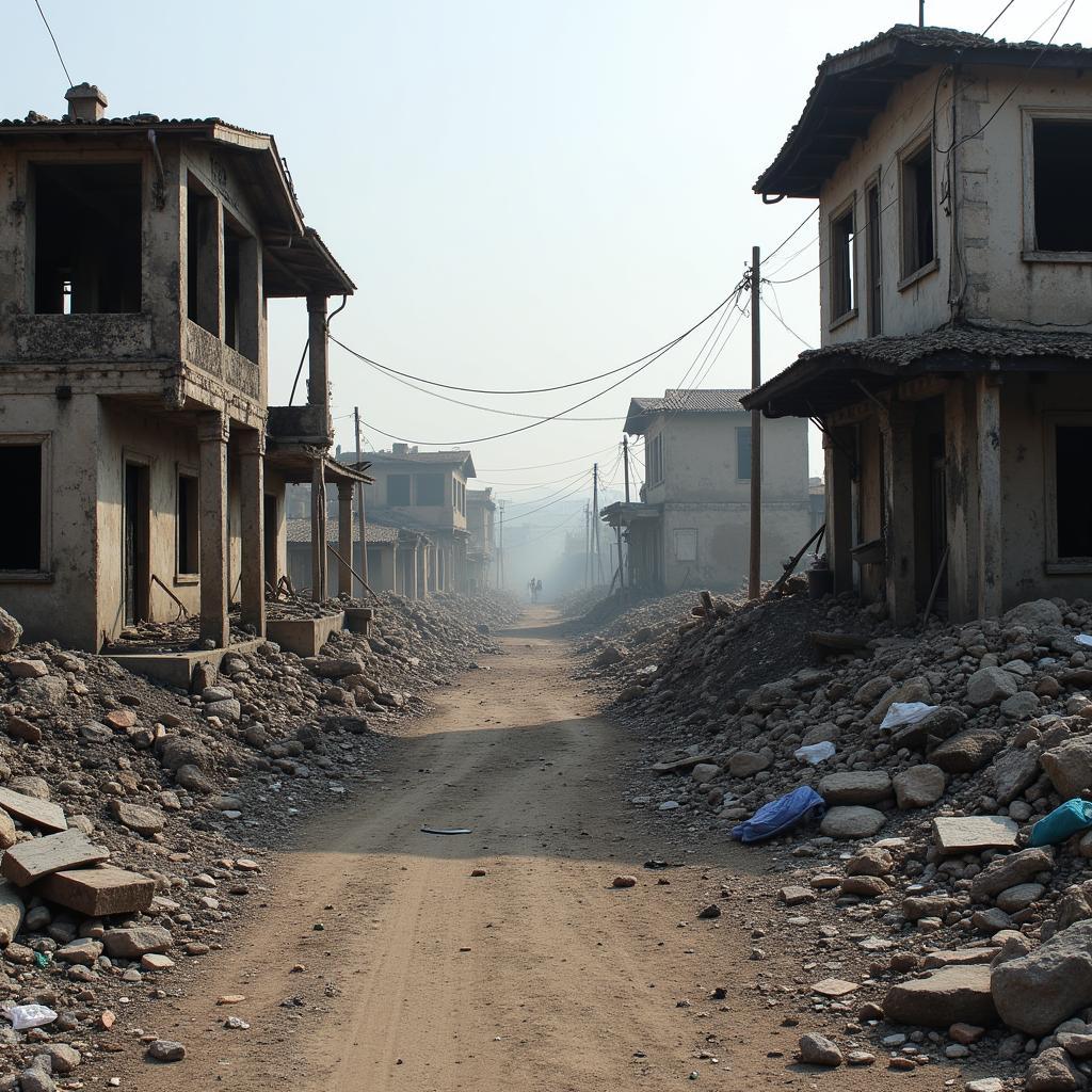 A desolate African village, bearing the scars of a terrorist attack