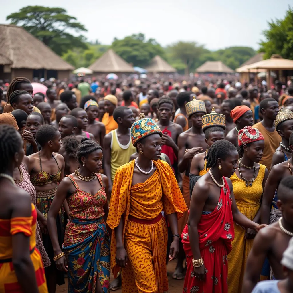 A traditional ceremony in an African village, with people gathered in celebration.