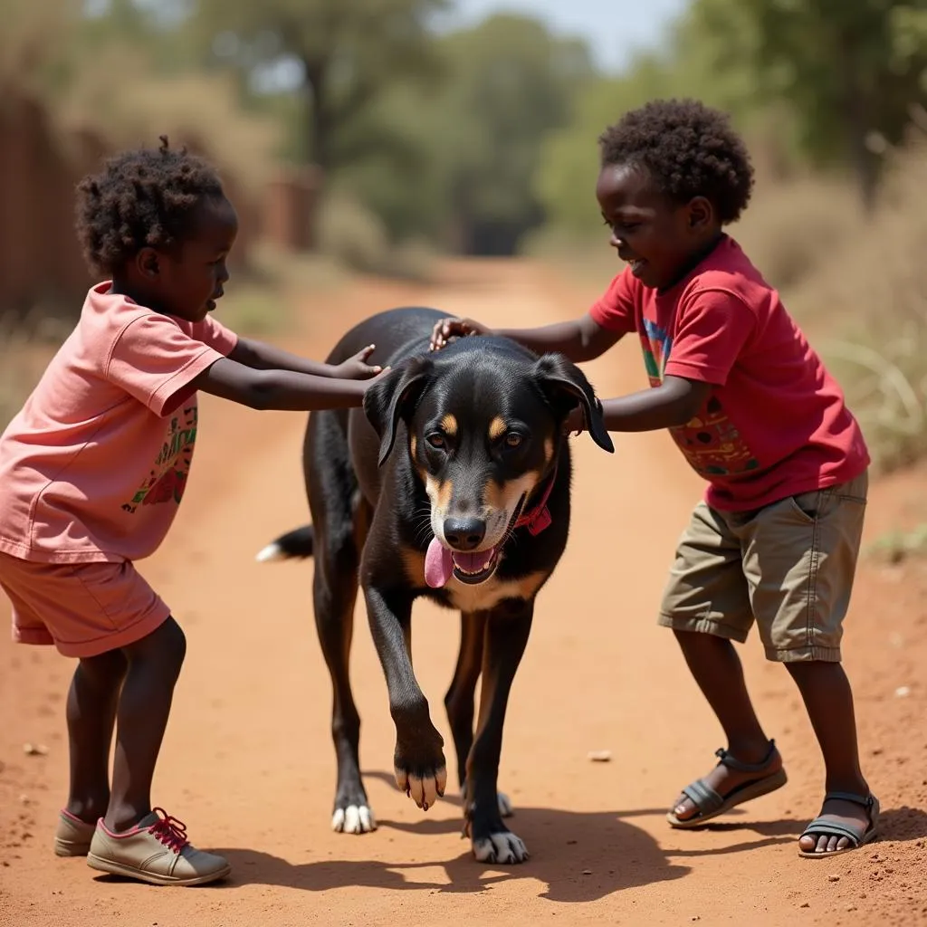 African Village Dog Interacting with Children