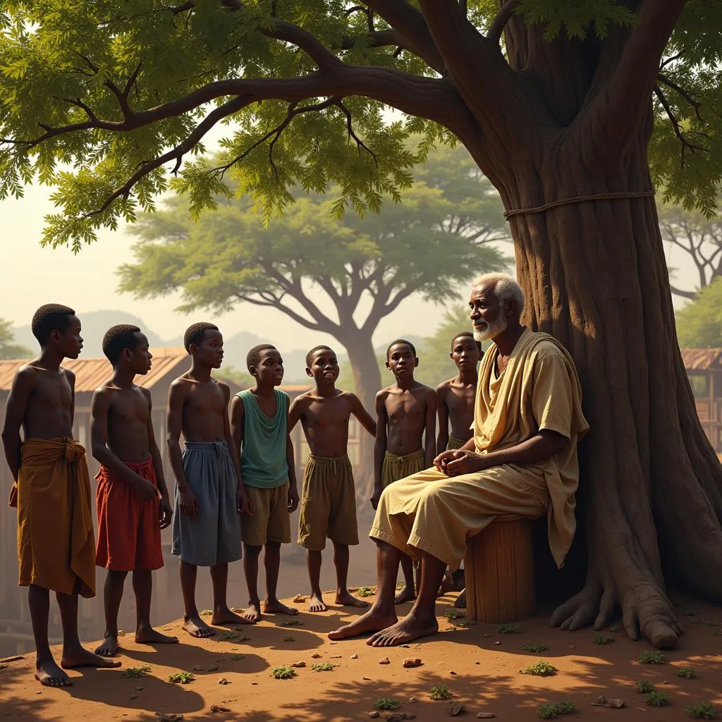 An African village elder, with a weathered face and a kind smile, sharing proverbs with a group of young men.