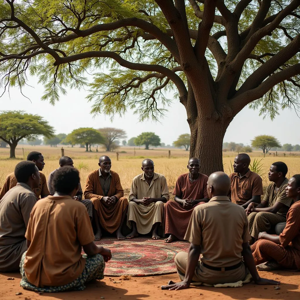 A group of African elders sitting in a circle, discussing a matter of importance