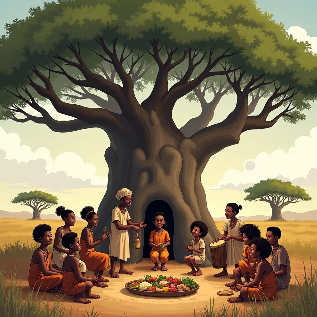 African village gathering under a baobab tree