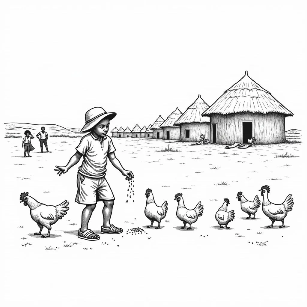 Line art depicting an African village scene with a child feeding chickens