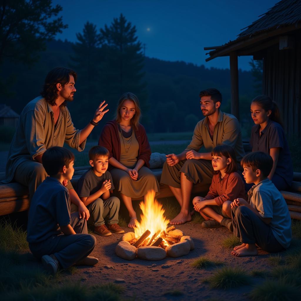 A group of African villagers gathered around a fire, sharing stories about the African blue wolf.