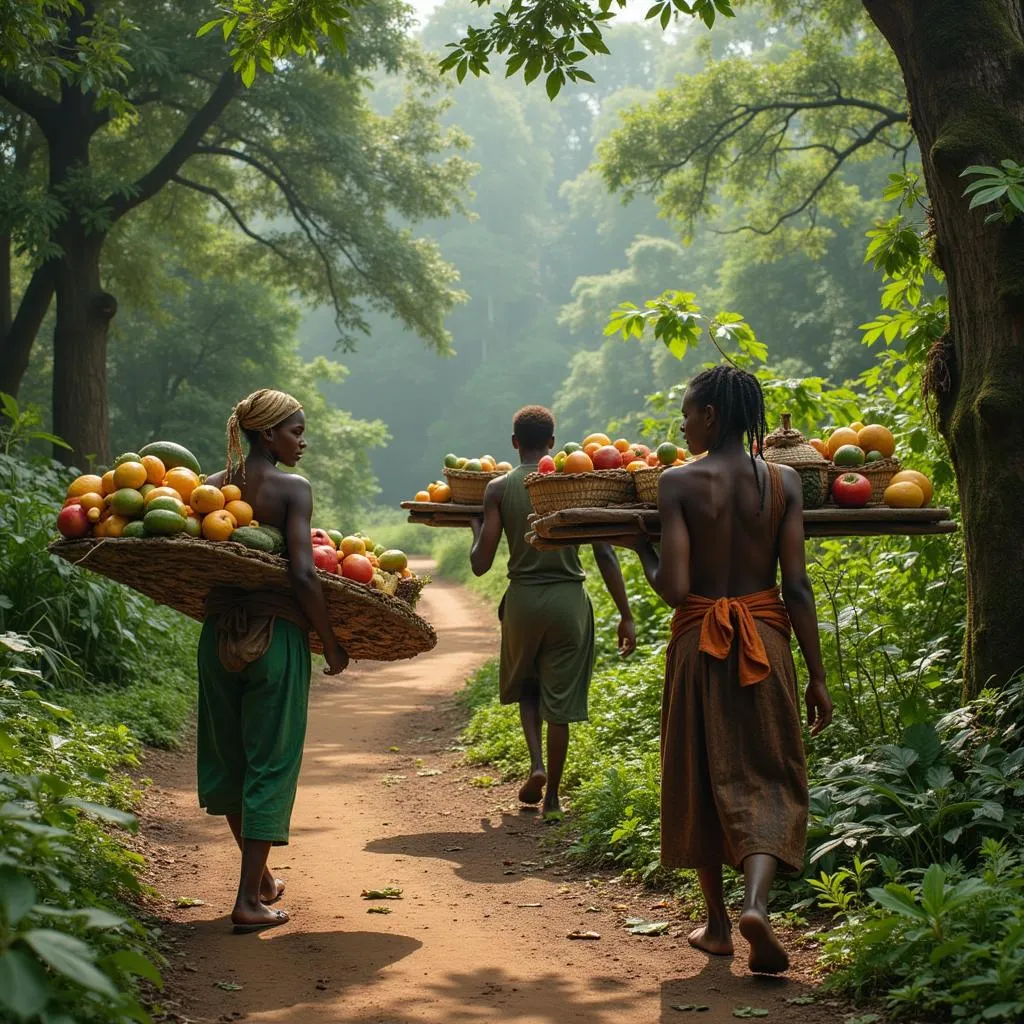 Villagers Transporting Goods on Jungle Boards