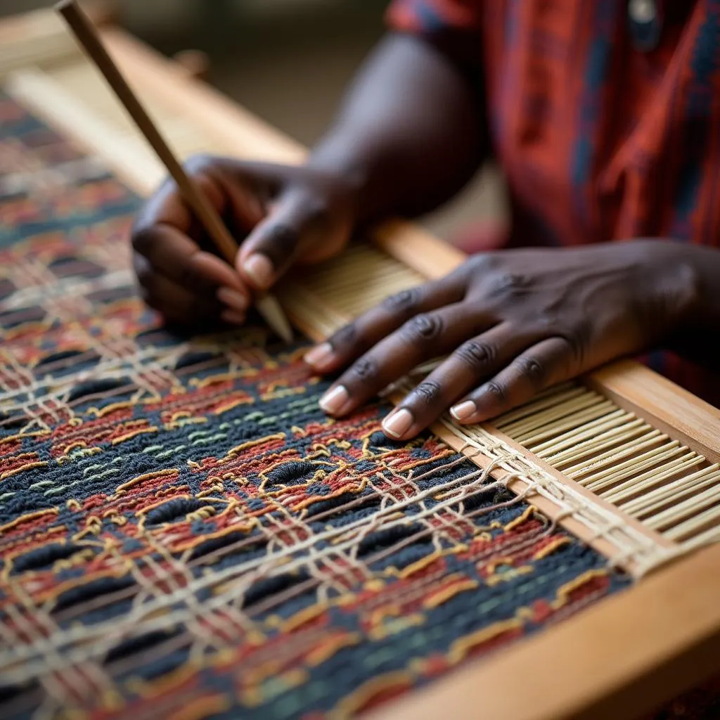 African Weaver Using Traditional Loom