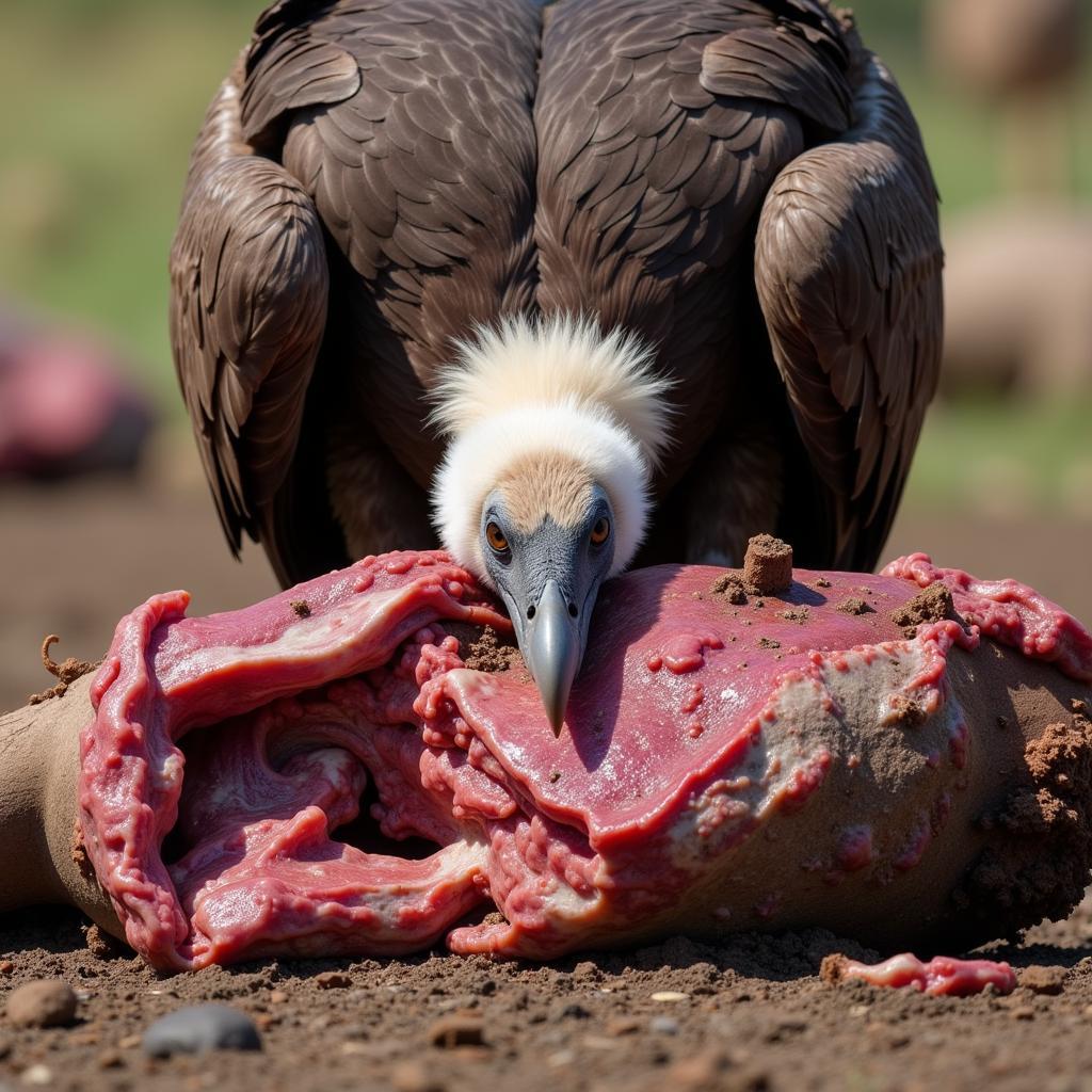 African white-backed vulture feeding on carrion