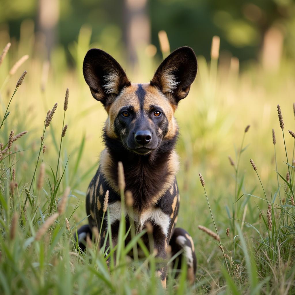 African wild dog camouflaged in grassland