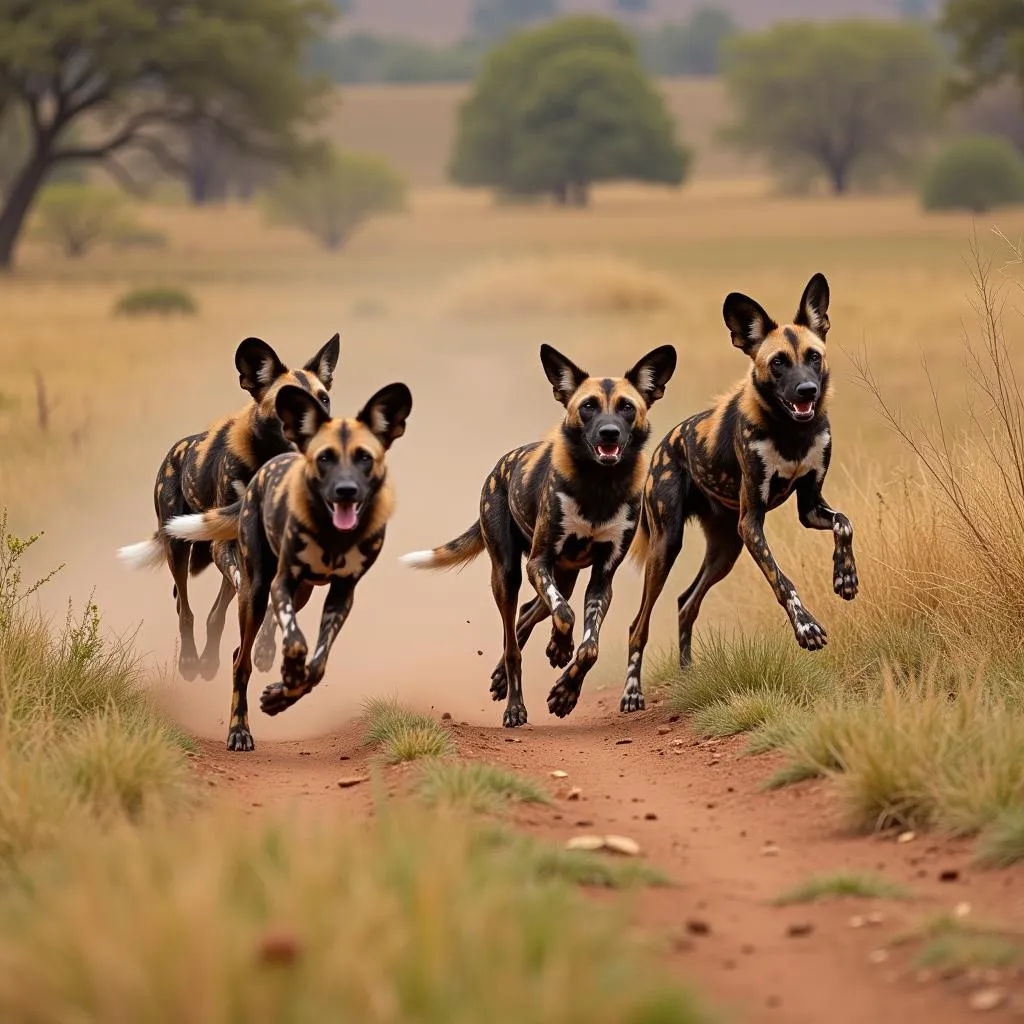 African wild dogs using their speed and teamwork to hunt prey