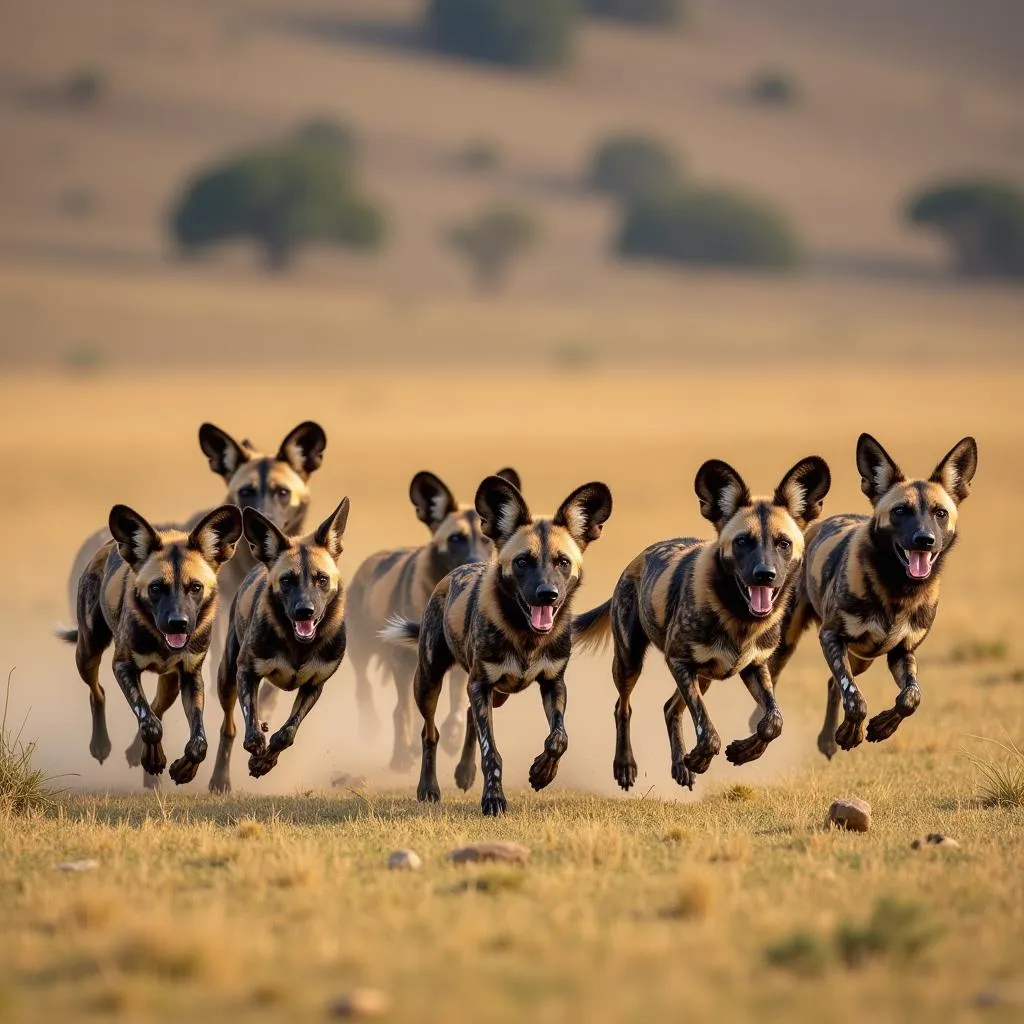 African Wild Dog Pack on the Hunt