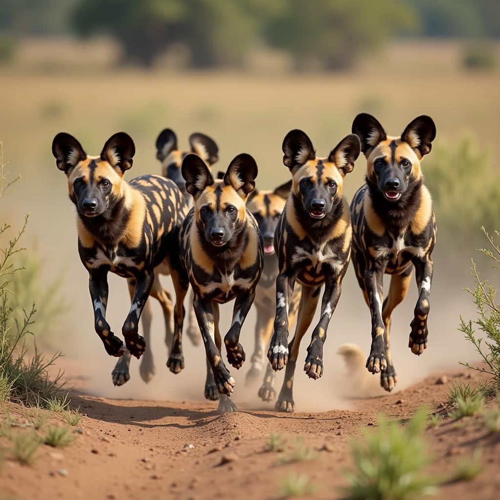 African Wild Dog Pack on the Hunt