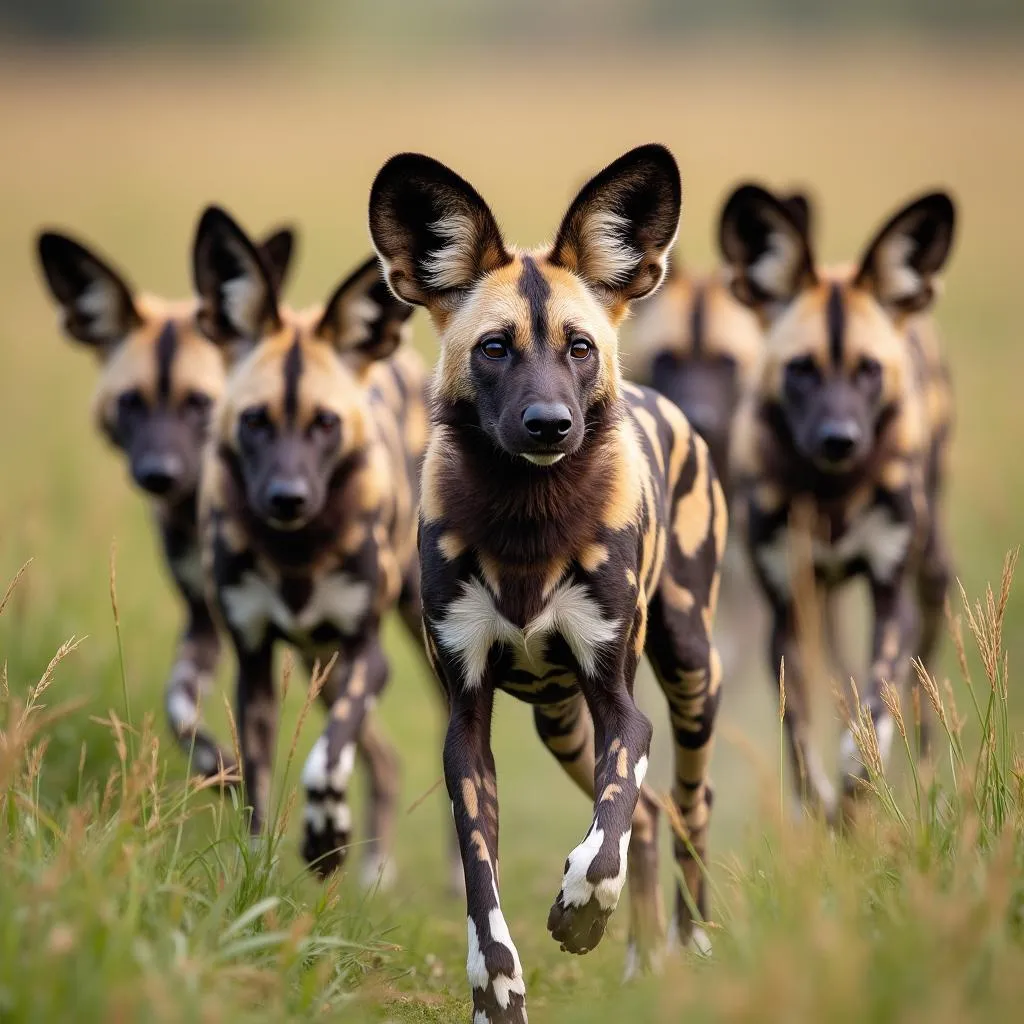 African Wild Dog Pack on the Hunt