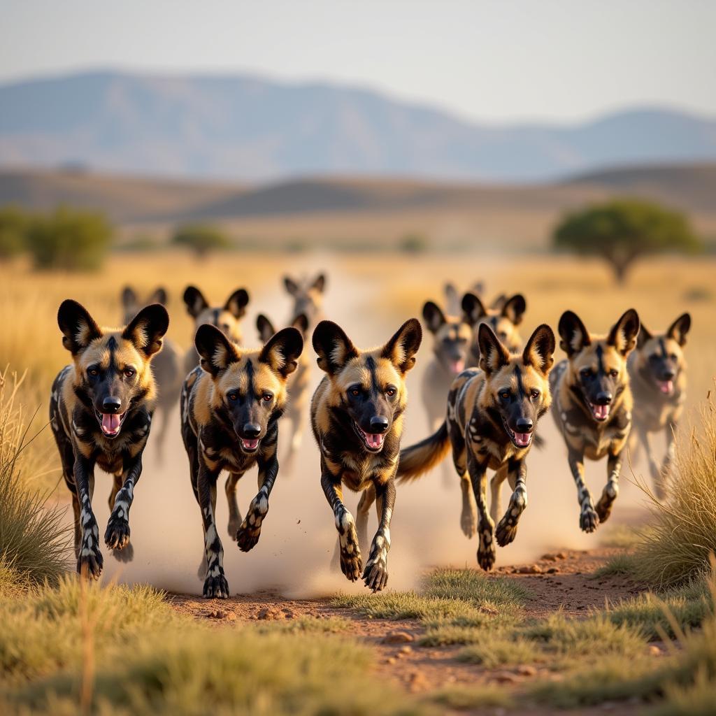 African Wild Dog Pack on the Hunt