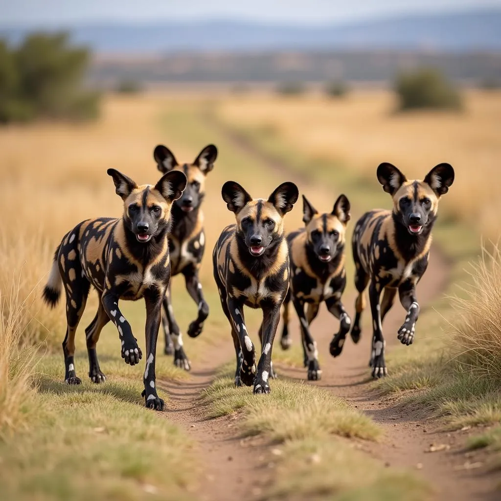 A pack of African wild dogs in their natural habitat