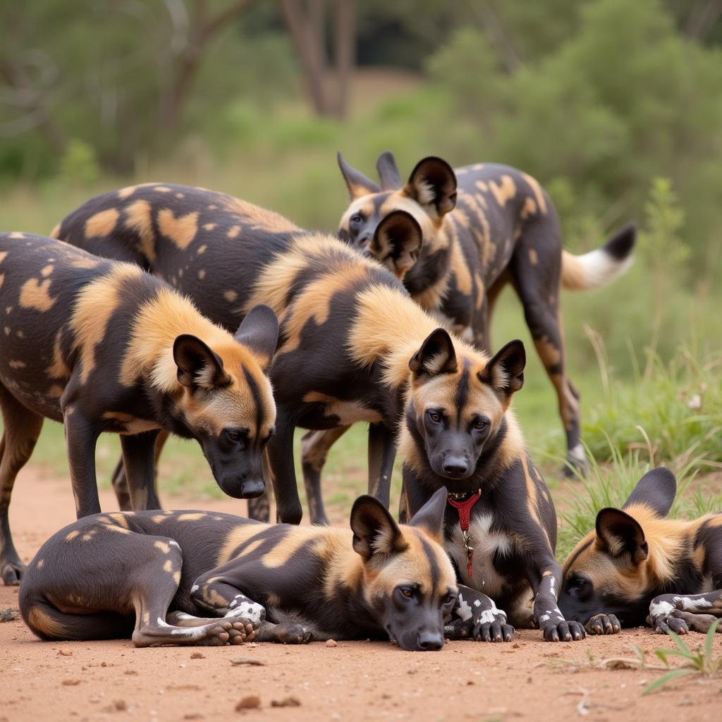 African wild dog pack socializing