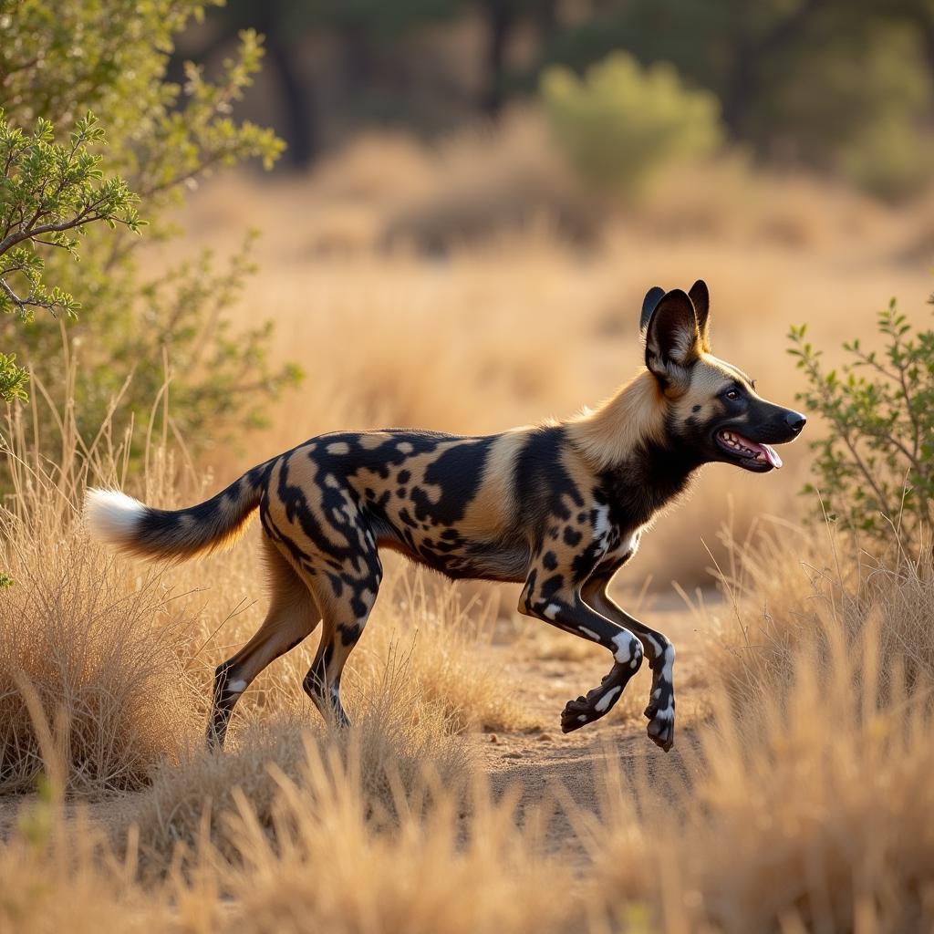 African wild dog running through tall grass