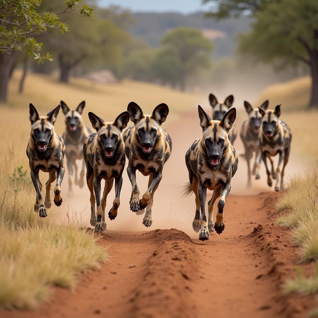 African Wild Dogs Hunting Zebra