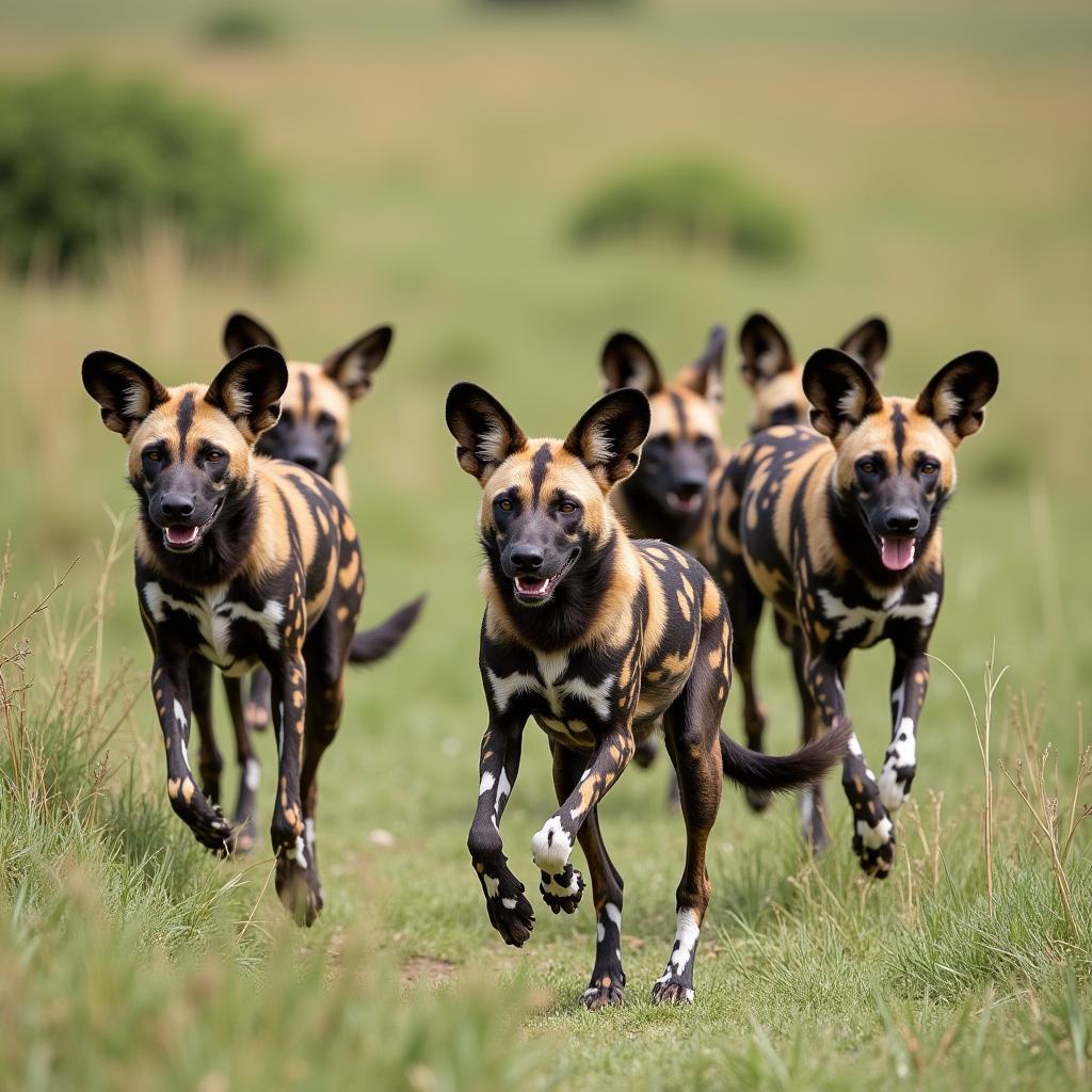 African wild dogs hunting in a pack