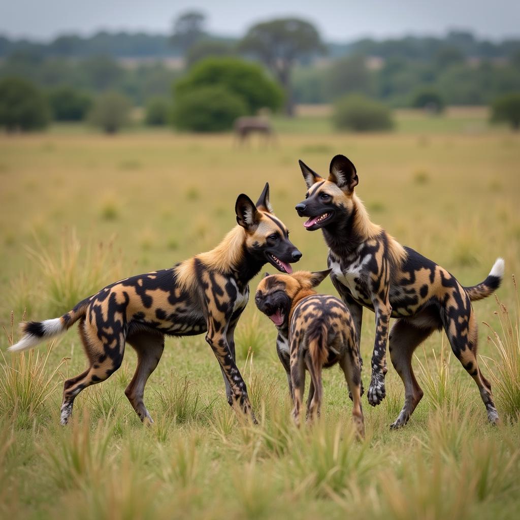 African wild dogs playfully interacting in the grasslands