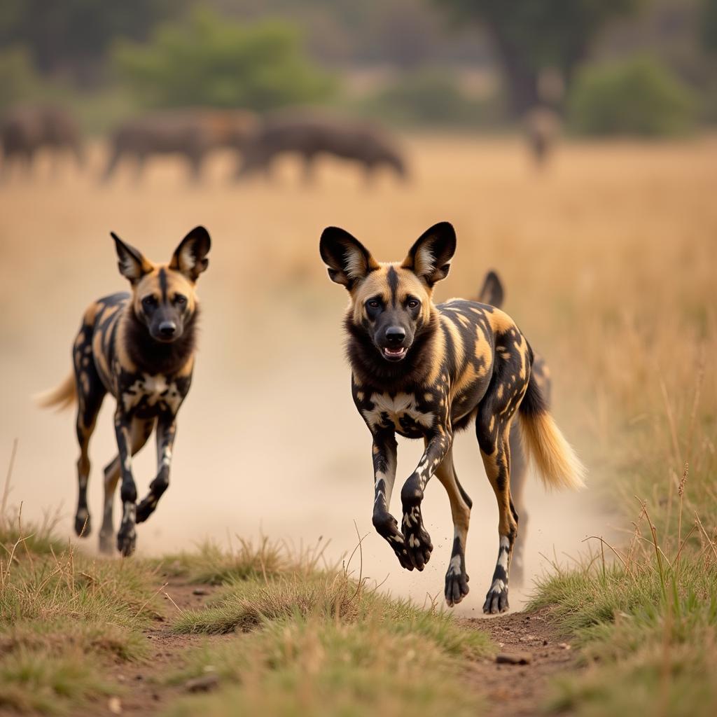 African wild dogs on the run