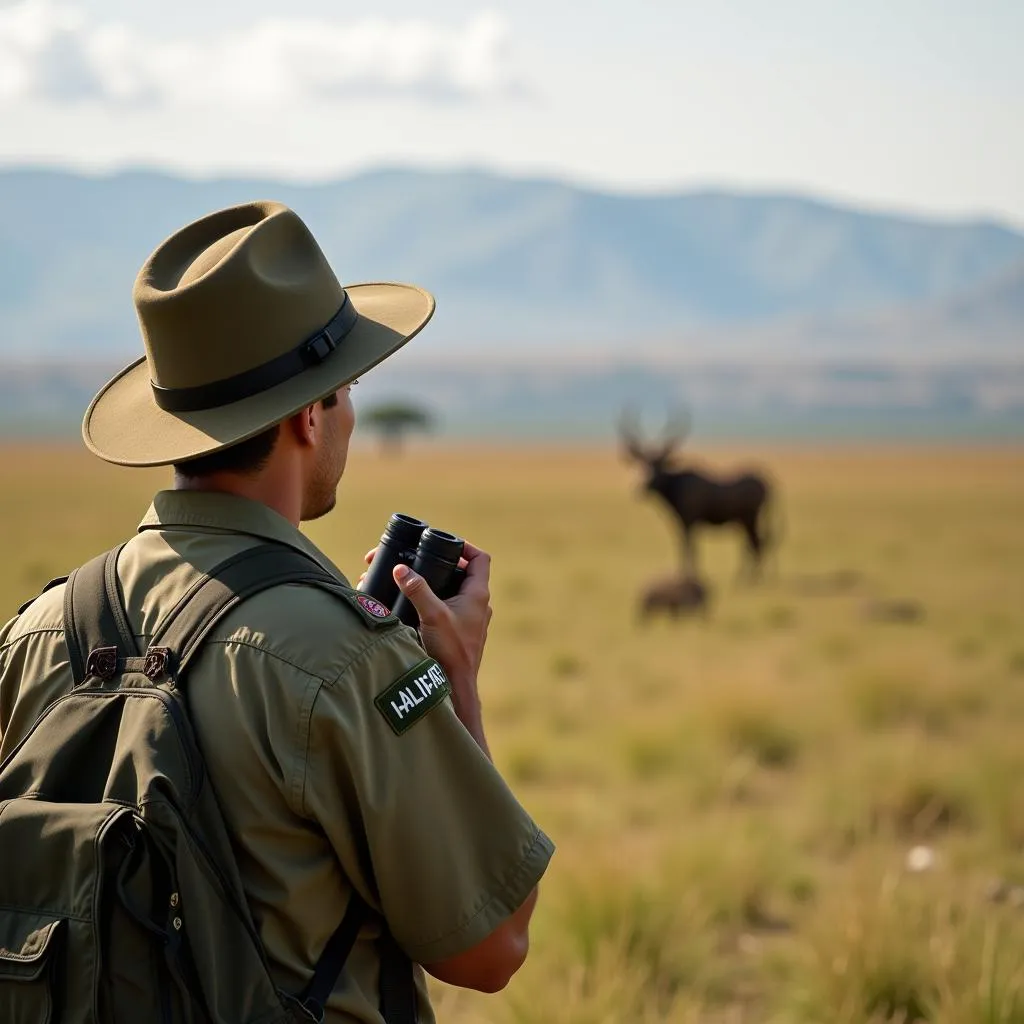 African wildlife conservation - A ranger patrols a national park, protecting endangered animals.