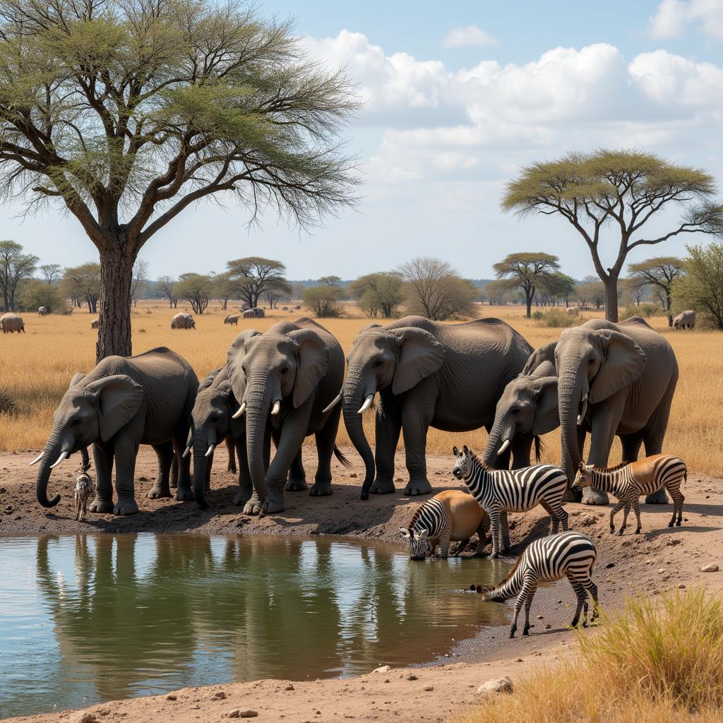 African wildlife gathering around a waterhole after a draft rain