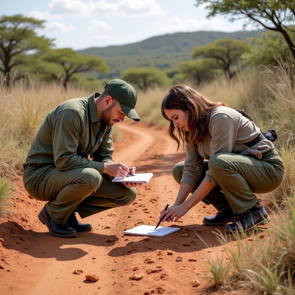 African Wildlife Researchers Studying Animal Tracks