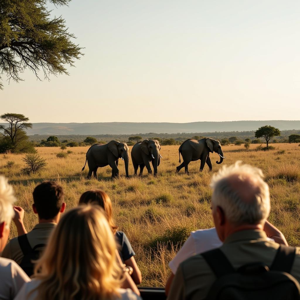 Tourists on a safari observing elephants in their natural habitat