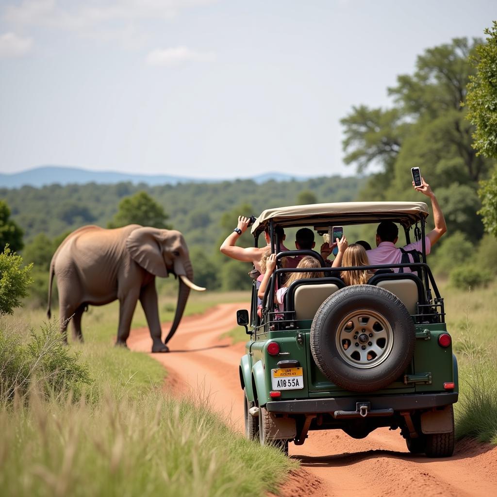 Tourists on an African safari observing wildlife