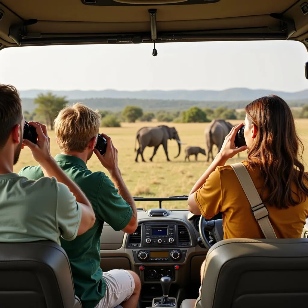 African wildlife safari with tourists observing animals