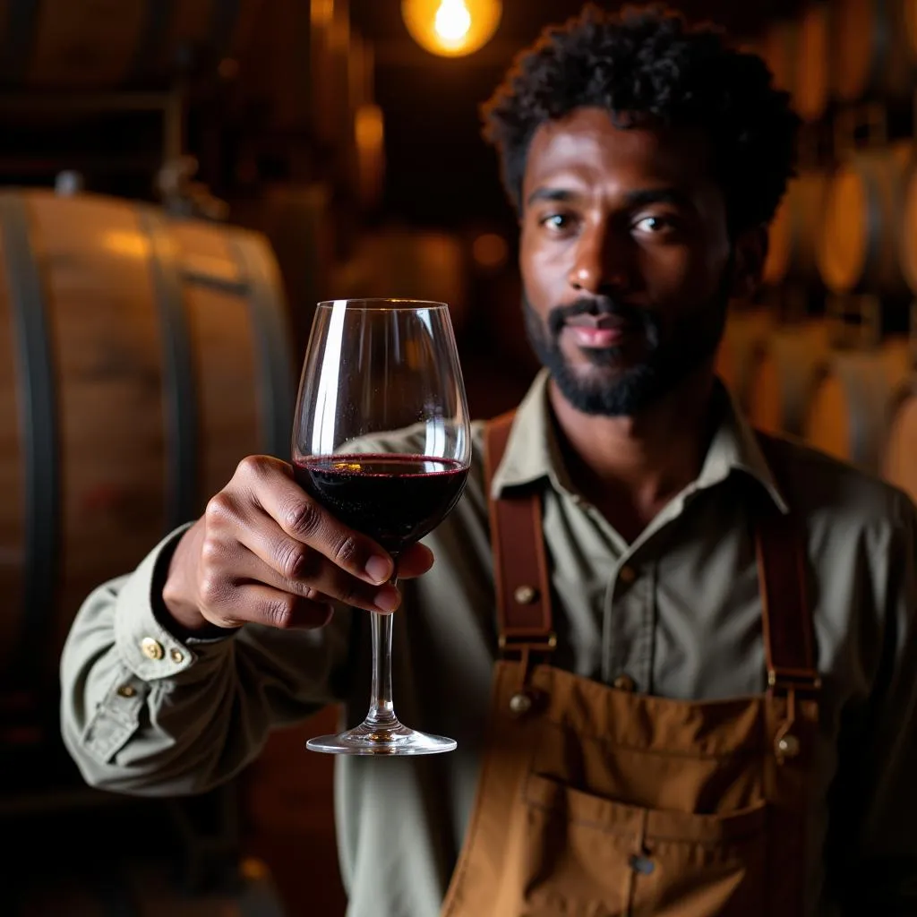 African winemaker inspecting a glass of red wine