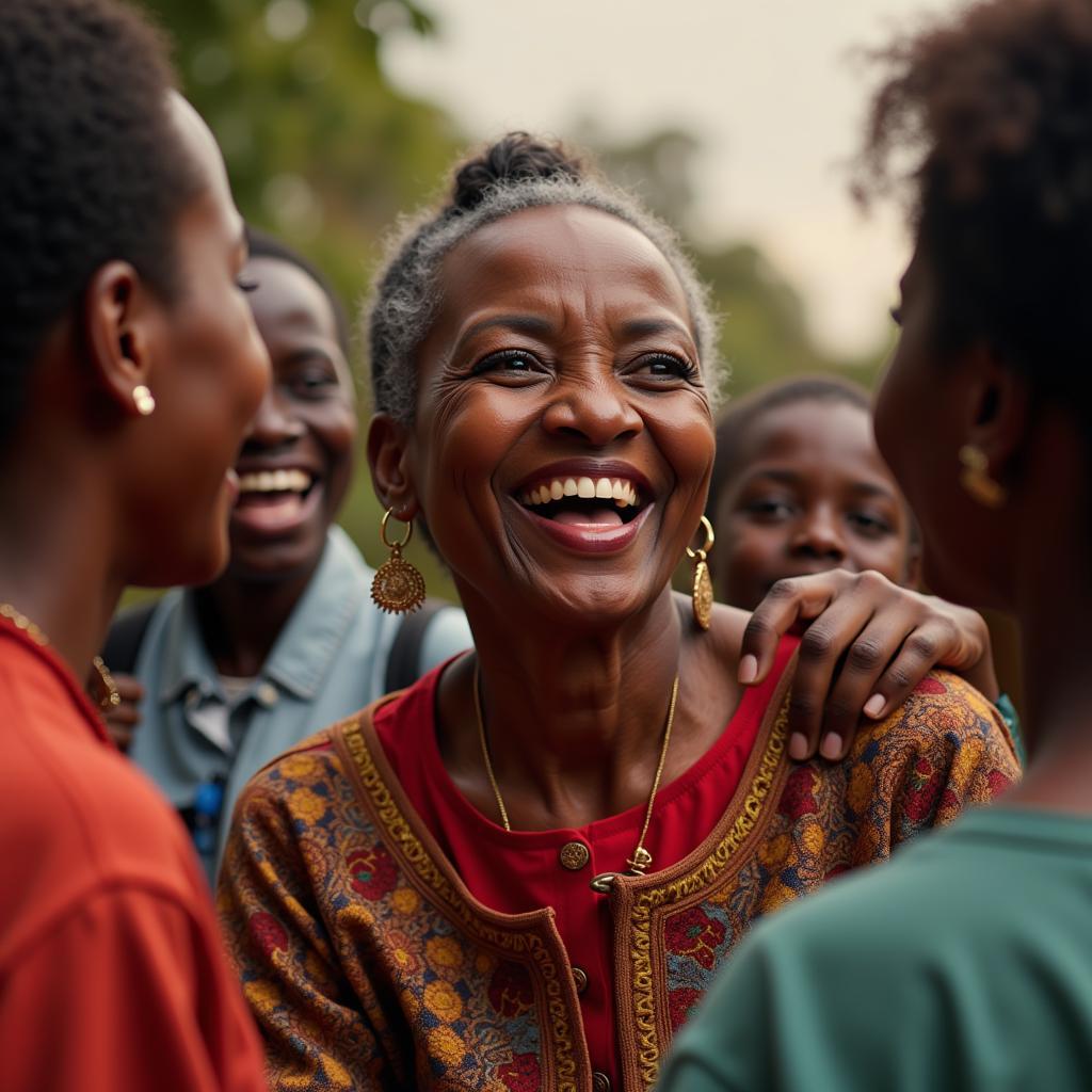 A 70 year old African woman laughing joyfully with family